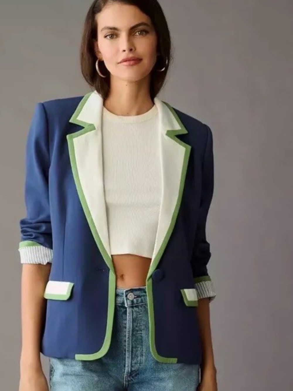 Maeve Navy color block Blazer with White and Green Trim